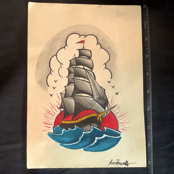 Tattoo Artwork Ship Sail Boat Art Design Original 10x6 1/2 - Picture 3 of 4